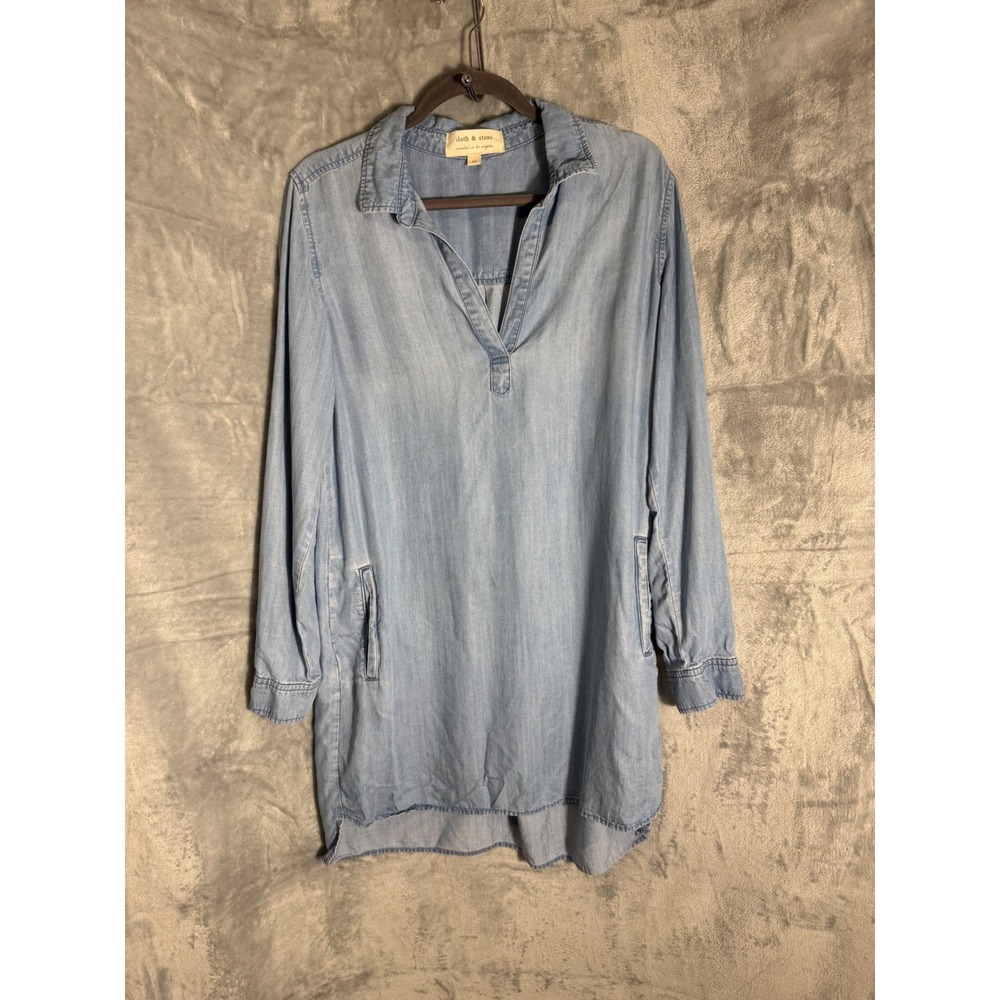 Cloth & Stone Tencel Chambray Shift Dress Light Wash Blue Roll Tab Sleeve M
